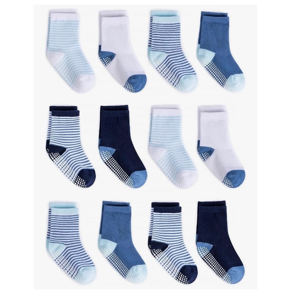 ZAPLES Baby Non-Slip Grip Crew Socks – Blue Multi –12 Pairs – Size 12–36 Months - Picture 1 of 4
